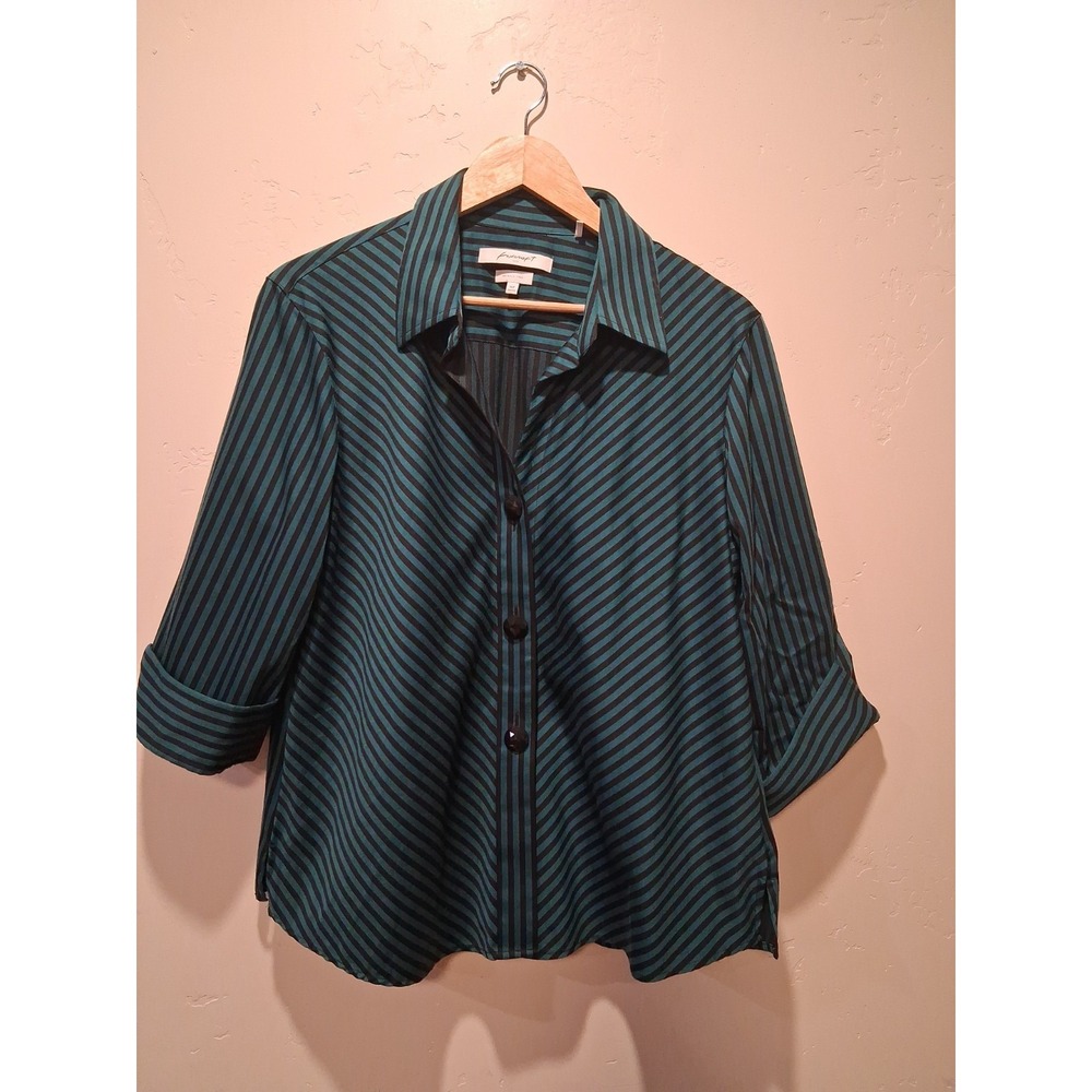 Foxcroft Button Down Shirt 16P Black Green Wrinkle Free 3/4 Sleeve Shaped FLAW